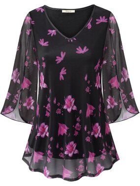 Bebonnie Women's Top Black Ruffle 3/4 Sleeves V Neck Double Layers Mesh Blouses